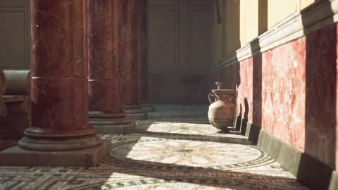 Ancient Roman interior with marble columns and decorative tiles in sunlight Stock Footage 304523806