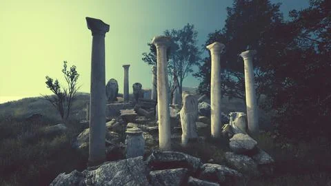 Ancient roman ruins with broken statues Ilustración de archivo