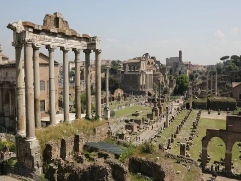 Ancient Roman square with columns and coliseum Stock Footage 74571070