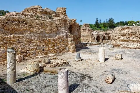 Ancient Roman Stone Walls and Broken Pillars at Antoninus Baths Carthage Stock Photos