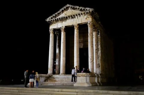 The Ancient Roman Temple of Augustus in Pulla, Croatia, at Night Stock Photos