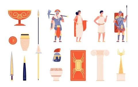 Ancient rome elements. People and weapons, isolated roman empire warrior. Greek Stock Illustration