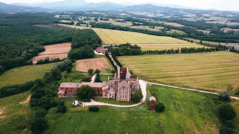 Ancient roofless abbey aerial view Stock Footage 249605132