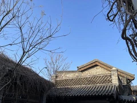 Ancient Rooftop and Bare Branches under Spring Sky at Gubei Water Town Stock Photos
