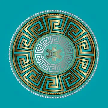 Ancient round ornament. Vector gold meander pattern on the blue background. A Stock Illustration