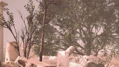 Ancient ruins with broken columns and trees in a landscape setting Stock Footage 344099861
