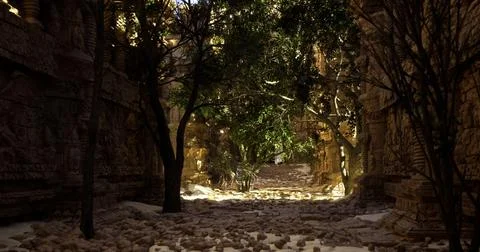 Ancient ruins enveloped by lush greenery in a serene setting Stock Illustration