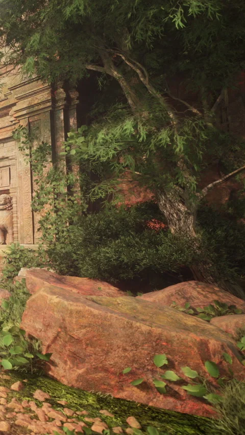 Ancient ruins with greenery and large rocks near a tree Stock Footage 340630776