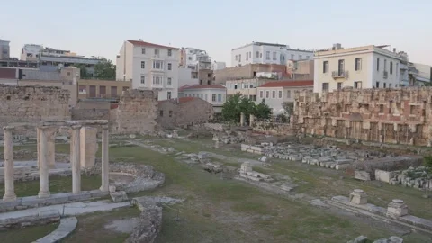Ancient ruins of Hadrian's Library in Athens, Greece. Panning shot Stock Footage 341485375