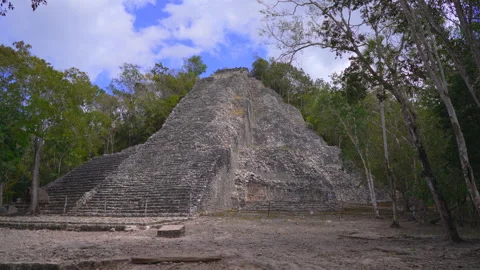 Ancient ruins of Mayan pyramids at the archaeological site of Coba on the Stock Footage 343884260