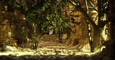 Ancient ruins with overgrown trees create a serene natural environment Stock Illustration