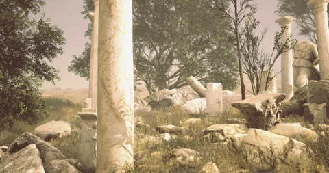 Ancient ruins surrounded by nature under a soft, diffused light Stock Footage 304524961