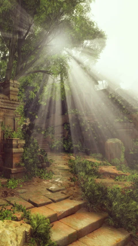 Ancient ruins surrounded by trees and light shine through fog in the morning Stock Footage 342183361
