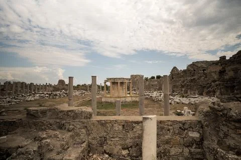 Ancient Ruins Under Dramatic Cloudy Sky in Turkey Stock Photos