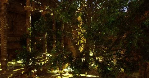 Ancient ruins under a large tree with sunlight filtering through Stock Illustration