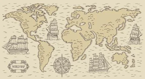 Ancient rusic world map with engraved nautical elements vector illustration. Stockillustratie