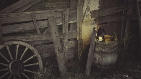 Ancient rustic setting illuminated softly by glowing lantern Stock Footage 341588694