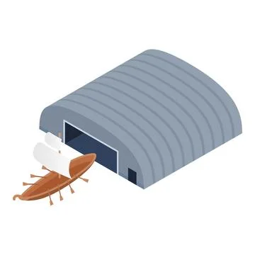Ancient sailboat icon isometric vector. Medieval sailing ship near pavilion icon Ilustración de archivo