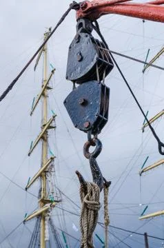 Ancient sailing vessel, the block, close up Stock Photos