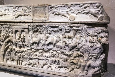Ancient sarcophagus bas-relief in the baths of Diocletian in Rome. Italy Stock Photos