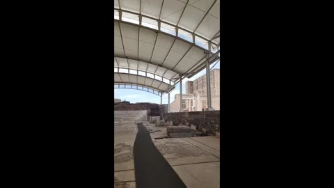 Ancient Sardis Synagogue and Mosaic Floor Ruins Under Protective Stock Footage 335544676