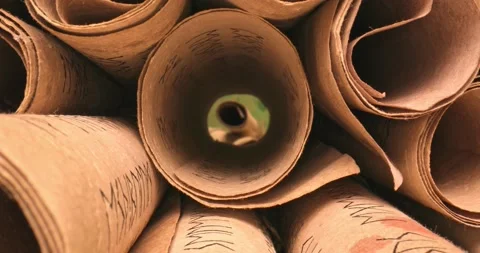 Ancient scribe library. Futhpak scrolls stacked on a pile. Stock-Footage 171643740