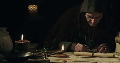 Ancient scribe writing with quill pen on old parchment Stock Footage