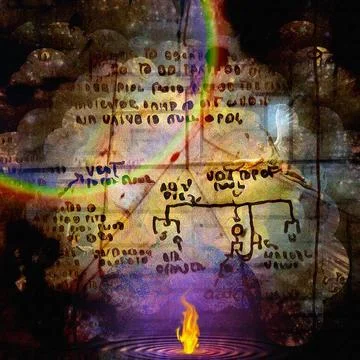 Ancient scripts Surreal composition. Burning water. Winged angel. Ancient ... 写真素材