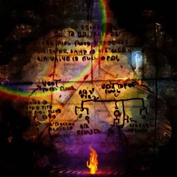 Ancient scripts Surreal composition. Burning water. Winged angel. Ancient ... 写真素材