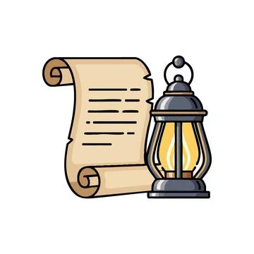 (Ancient Scroll and Glowing Lantern. Aged document alongside a radiant lamp.. Stock Illustration