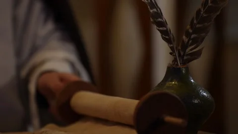 Ancient Scroll Papyrus Manuscript Rolled Carefully by Historian Chronicling Stock Footage 297471051