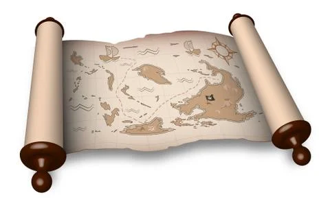 Ancient scroll with pirate map in cartoon style. Children games, treasure hunt Illustrazione stock
