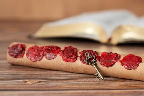 Ancient scroll with seven seals and old key on wooden table with holy bible book Stock Photos