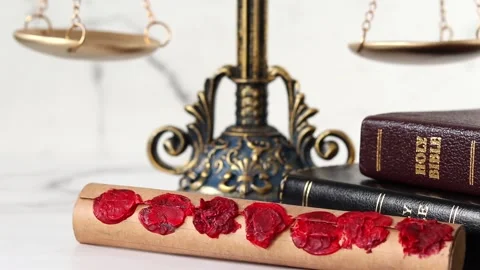 Ancient scroll with seven seals, holy bible and balance scale 스톡 동영상 314516511