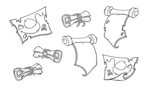 Ancient scrolls and tresure maps. Torn paper scrolls for games. Vector Stock-Illustration