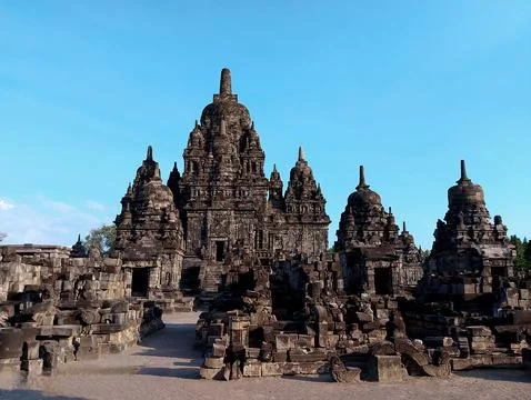 Ancient Sewu Buddhist Temple Complex with Ornate Stone Stupas Stock Photos