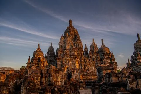 Ancient Sewu Temple Complex in Warm Morning Light, Central Java Indonesia. .. Stock Photos