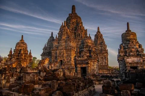 Ancient Sewu Temple Complex in Warm Morning Light, Central Java Indonesia. .. Stock Photos