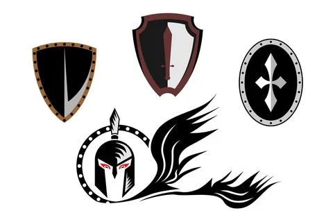 Ancient Shields, Warrior Helmet and Knight Symbols Vector Icon Set JPG-EPS Stock Illustration