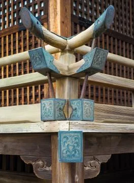 Ancient Shinto shine corner post decorations in Tokyo, Japan. Stock Photos