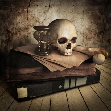 Ancient skull with book Illustrazione stock