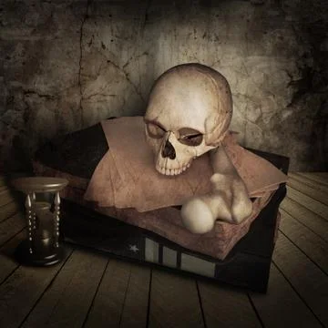 Ancient skull with books Illustrazione stock