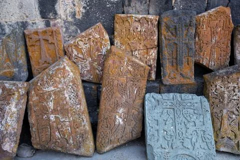 Ancient slabs of old Sevanavank monastery Stock Photos