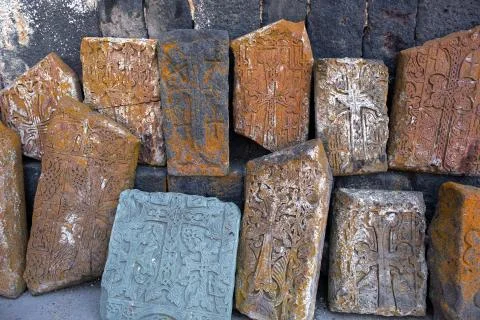 Ancient slabs of old Sevanavank monastery 스톡 사진