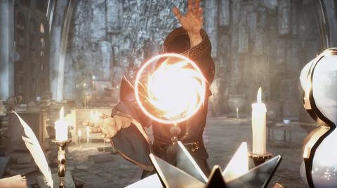 An ancient sorcerer is engaged in magic in an old mystical castle. 3D Rendering. Ilustración de archivo