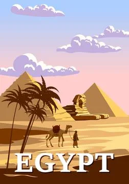 Ancient Sphinx, Egypt Pharaoh Pyramids Vintage Poster. Travel to Egypt Country Stock Illustration