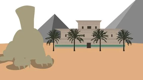 Ancient sphinx statue front of great pyramids desert landscape cartoon Stock Illustration