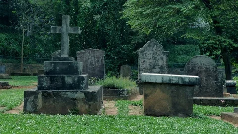Ancient spooky graveyard with many old graves and vintage headstones Video stock 104138678