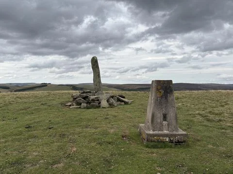 Ancient standing stone on summit of Dabshead Hill, Scotland Foto stock