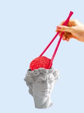 Ancient statue bust with open head and hand with chopsticks holding it's brai Stock Photos